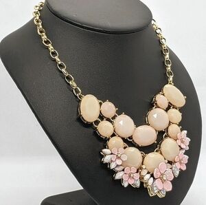 Vintage Designer Statement Bib Necklace - Gold Tone Pink Floral Peach Stone